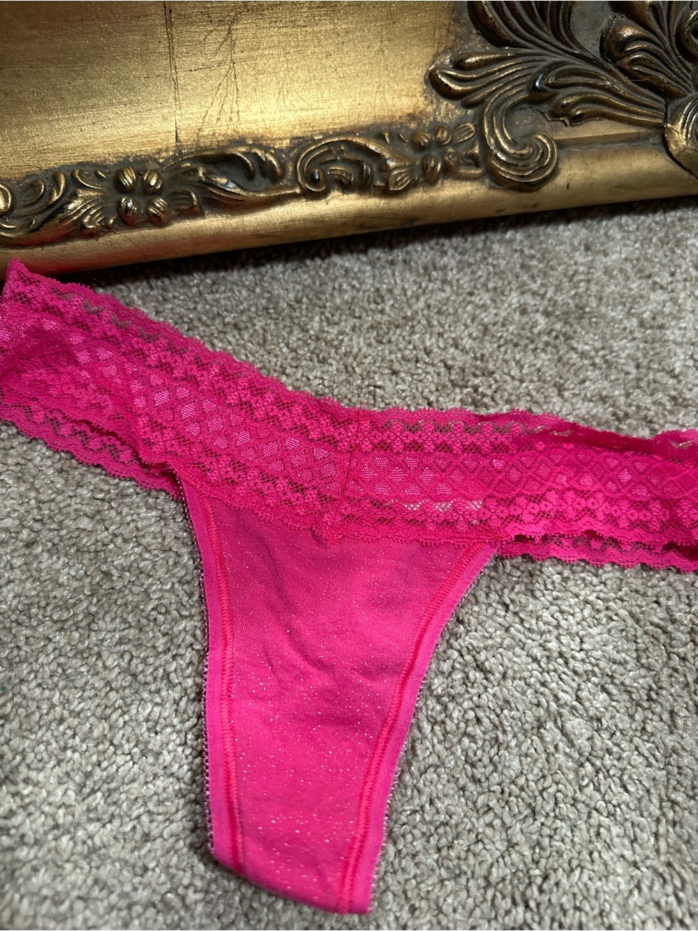 New Victoria's Secret Cotton Lingerie Low Rise Thong Bright Pink Lace 2011
